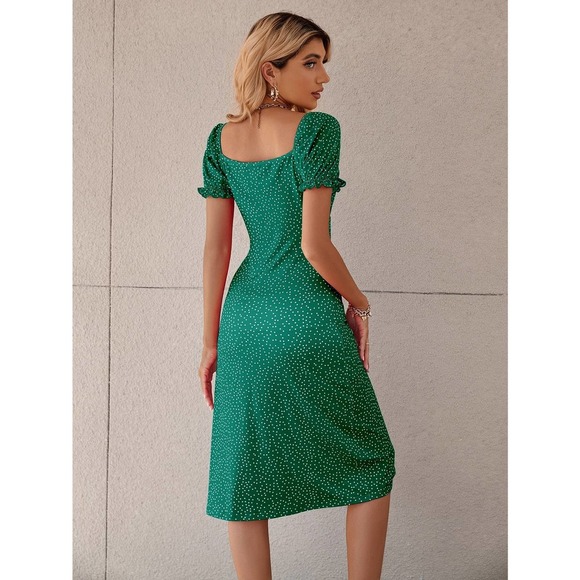 Polka Dot Puff Sleeve Tie Front Ruched Bust Slit Hem midi Dress red - Picture 10 of 11